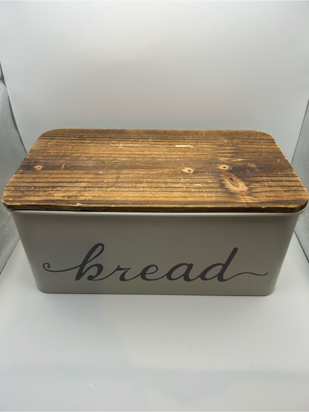 Rustic Cream Metal Bread Box with Wooden Lid Country Kitchen Storage